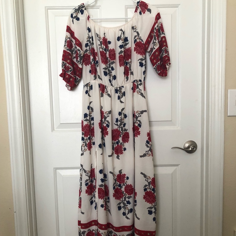 Off the shoulder dress.